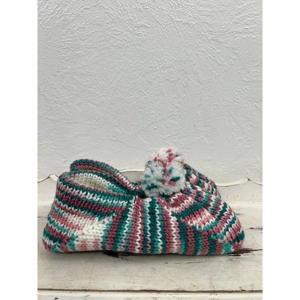 NEW Handmade Knit Slippers Pom Pom Striped Pink Green‎ White Cozy House Shoes 9"